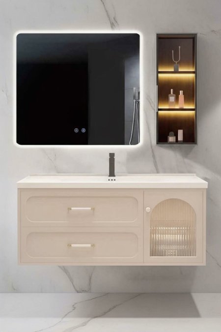 مغسلة بورسلان مع خزانة معلّقة وتصميم عصري – مع مرآة LED